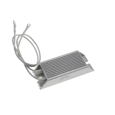 RXLG 50W aluminum-cased resistor, 70Ω, with two ring-terminal leads and ribbed heatsink