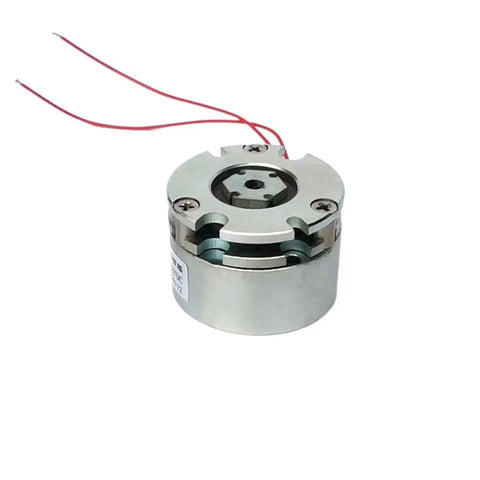 Front view of micro galvanic electromagnetic brake in silver metal housing with red wires.