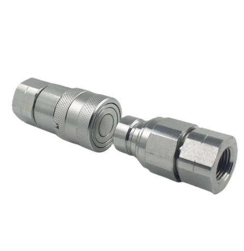 Flat Face Hydraulic Quick Connect Couplers Set For Skid Steer 3/4 NPT Thread With Dust Caps ISO16028, metallic finish, side view