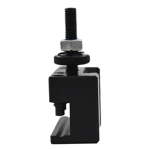 Side view of One Piece Quick Change Turning And Facing CNC Tool Post Holder OXA 250 002 for lathe, heavy-duty steel, precision aligned.