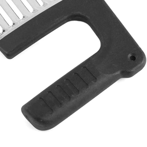 Close-up of black handy grip handle of Crinkle Cutter For Veggies With Wave Blade, Stainless Steel French Fry Slicer.
