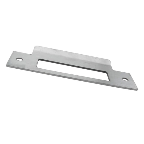 Universal 4 7/8 Inch Latch Strike Plate Backplate Kit In Iron With Brushed Zinc Finish And Screws Built Tough For Silver Door Latch Plate And Stainless Steel Guide Plate Easy Install And Home Security Upgrade displayed at an angle showing its shape and size.
