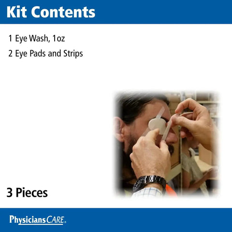 All In One Eye Wash Kit With Oval Eye Pads And Adhesive Strips, Emergency Eye Rinse included, 3-piece set application example