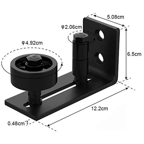 Detailed view of Sliding Barn Door Floor Guide and Wall Mounted Hardware with flush bottom adjustable stay rollers, black