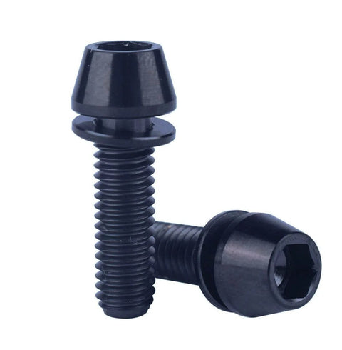 Close-up of Beefy Titanium M5x18mm Allen Hex Bolts Set, 6 Pack With Washers, TC4 Titanium Alloy, black finish, for bicycle stems.