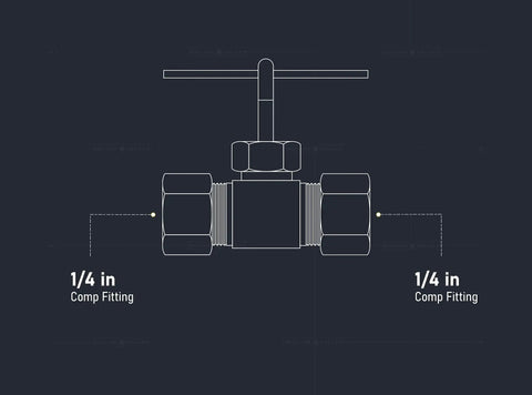 Diagram of 1 Quarter Inch Compression Straight Needle Valve Brass Lead Free, One Piece Body with 1/4 inch fittings shown.