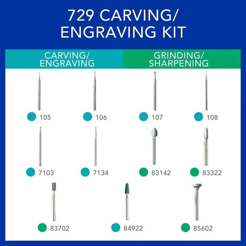 Versatile 11 Piece Carving And Engraving Micro Accessory Kit For Dremel Rotary Tools shown with various bits and tools.