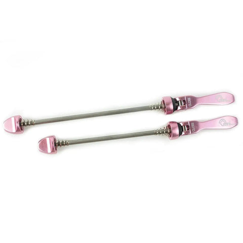 Racer Quick Release Wheel Skewer Set For Road And MTB Pink Stainless Alloy Axles With Rustproof Delrin Cam Washers By OMNI