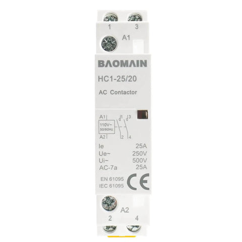 110V AC 2-Pole Modular Contactor With 2NO Normally Open Contacts, Beefy 25A Rating, DIN Rail Mount For HVAC, Motor, Pump And Lighting Control