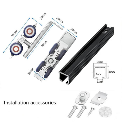 Concealed Track Barn Door Kit With Silent Aluminum Rail And Stainless Steel Rollers, installation accessories shown