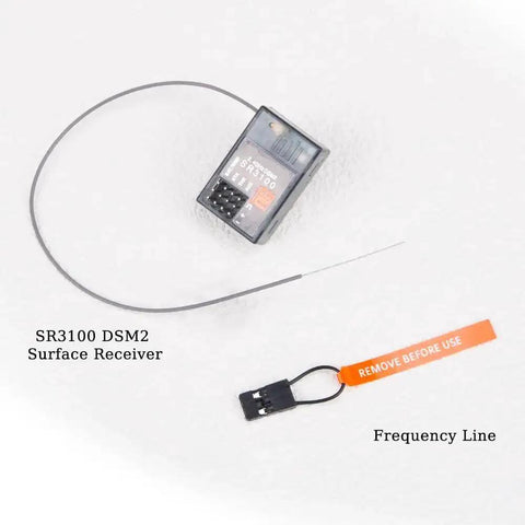 SR3100 2.4GHz DSM2 3 Channel Surface Receiver with frequency line for DX3R DX4C DX5C transmitters, top view on white background