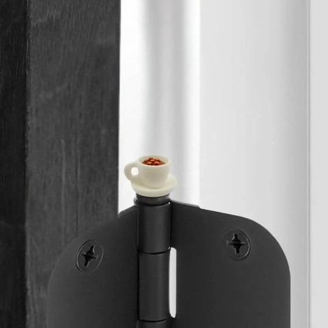 Whimsical Hot Cocoa Door Hinge Toppers Set Of 6 Magnetic Heads on metal hinge with miniature cocoa cup design.
