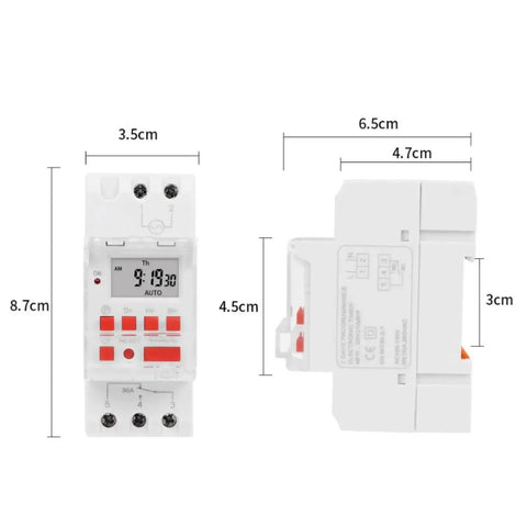 Programmable Digital Timer Switch 85 To 265V 30A With LCD Countdown Display, 24 Hours 7 Days Scheduling, front and side view