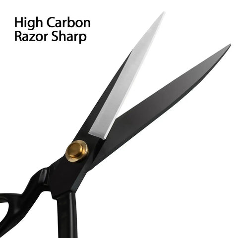 Close-up of black heavy duty fabric scissors showing sharp blades; Heavy Duty Fabric Scissors 9 Inch Pro Grade Tailor Shears For Leather Cutting Industrial Sharp Sewing Shears For Home Office Crafters Dressmakers And Artists
