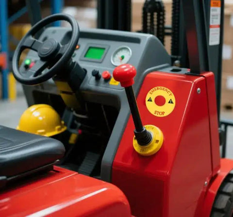 Emergency Stop Ring Replacement Button Cover for Push Button Switches on forklift control panel, yellow plastic safety ring visible