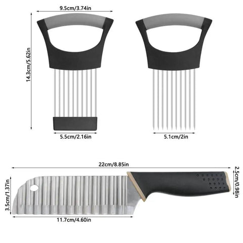 Crinkle Cutter Knife Set YuCool with Onion Holder Slicers Stainless Steel Kitchen Tool showing dimensions and black handles