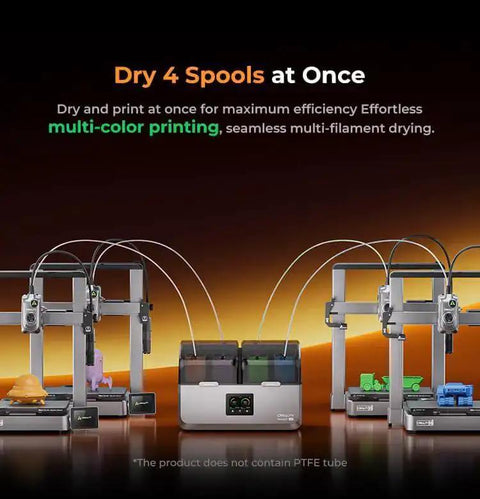 Space Pi X4 Filament Dryer Box For 4 Spools With Dual PTC Heating And 360 Degree Hot Air Circulation next to 3D printers
