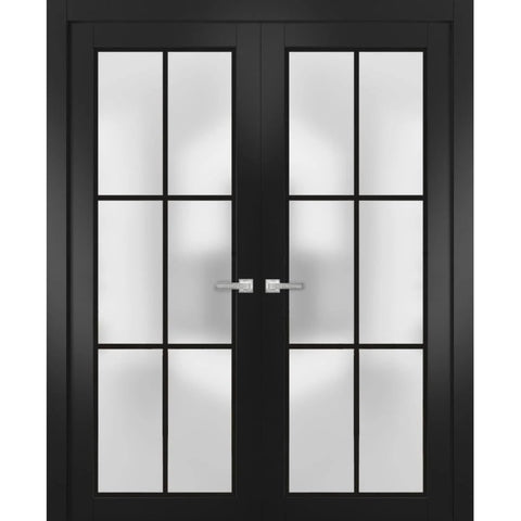 Planum 2122 Double Swing Interior French Doors With Glass And Frosted Glass, Solid Wood, 60x80 Inches, Black Finish, Modern Style