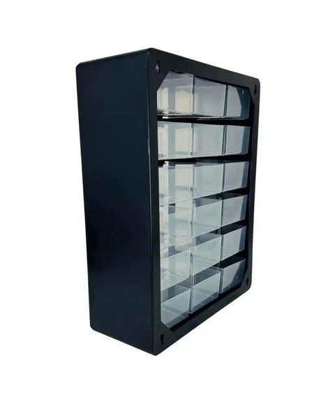 Side view of 18 Drawer Parts Organizer in Matte Black Finish, compact 6.25 x 14.75 x 18.5 inches, clear drawers for easy viewing.