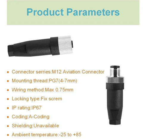 Product parameters for M12 aviation connector including IP67 rating and mounting details