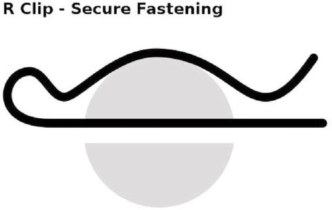 Illustration of an R clip used for secure fastening, showing its curved and straight ends against a gray circle backdrop.