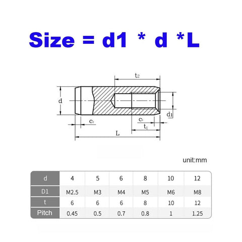 Diagram of 304 Stainless Steel Internal Threaded Dowel Pins Set, size chart with dimensions and measurements in mm.