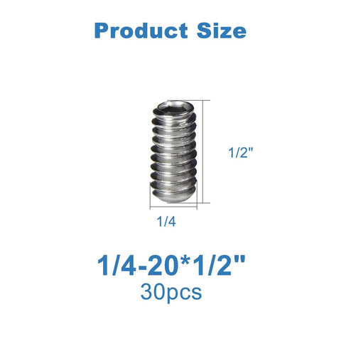 30 Pack 1/4-20 X 1/2 Inch Stainless Steel Set Screws Hex Allen Head Socket Bolts Cup Point Internal Drive