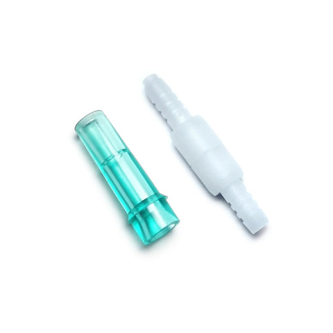 Oxygen tubing swivel connectors pair, turquoise and white plastic, standard size male/female, 360° rotation
