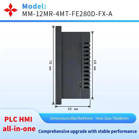Side view of black PLC HMI model MM-12MR-4MT-FE280D-FX-A with dimensions, All In One PLC HMI With 2.8 Inch Touch Screen Display