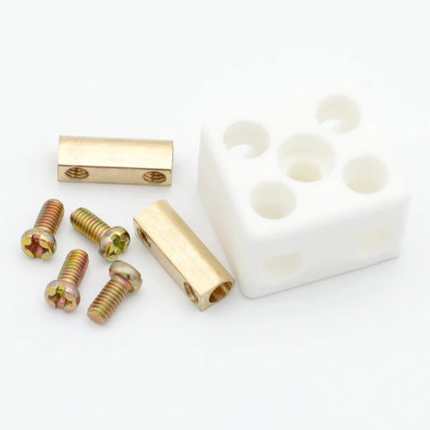 2-way ceramic terminal blocks set, porcelain 25A 380V, brass bodies with white spacers, 5 pieces