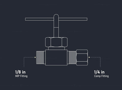 Needle valve, brass lead-free, 1/4 in compression x 1/8 in MIP, straight valve with T-handle, schematic illustration