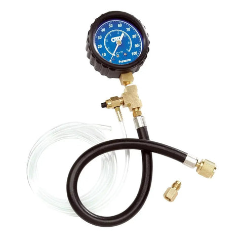 Fuel Pressure Test Kit With 0 To 100 PSI Gauge For Vehicle Diagnostics, showing gauge, black hose, and brass fittings