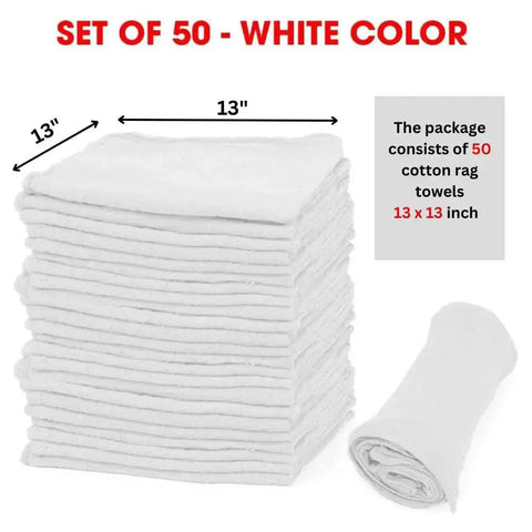Pack Of 50 Reusable Cotton Rags For Home Garage And Car Detailing Durable Soft 13 By 13 Inch White Towels That Wash Easy