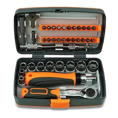 Open case of 38-in-1 Labor-Saving Ratchet Tool Set With Screwdrivers And Sockets, featuring ratchets, sockets, and driver bits.