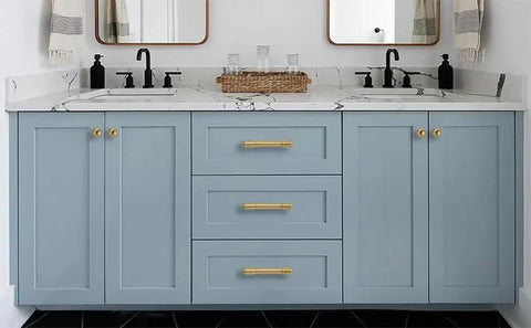 Blue bathroom cabinets with Champagne Bronze Cabinet Knobs 4 Pack, 1 Inch Single Hole Dresser Drawer Pulls For Bathrooms.