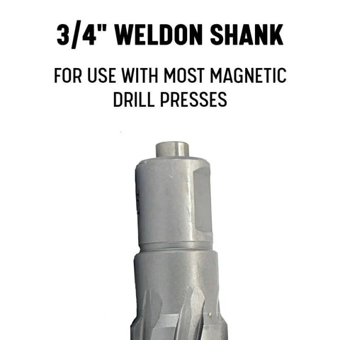 Close-up of Carbide Tipped Annular Cutter Five Eighth Inch By One Inch for fast metal drilling with 3/4 inch Weldon shank.