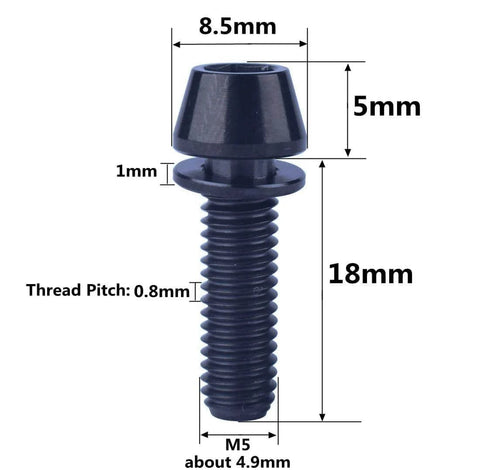 Beefy Titanium M5x18mm Allen Hex Bolts Set, 6 Pack With Washers, TC4 Titanium Alloy, Anti Corrosion, Lightweight MTB And Road Bicycle Stem Screws, High Strength M5 Thread, Black Finish with dimensions