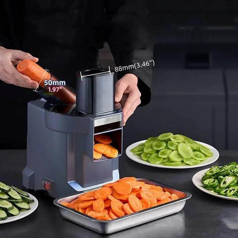 Person using the Killer All In One 4 In 1 Electric Vegetable Slicer And Chopper With Dual Feed Chutes to slice carrots and cucumbers.