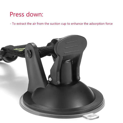 Side view of black Heavy Duty Suction Cup Anchors With Securing Hook, shown attached with hook and strap.