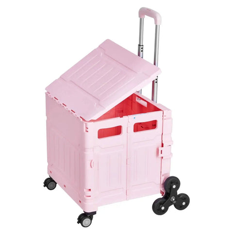 Foldable Utility Cart 65L Portable Crate Rolling Cart With Stair Climbing Wheels and 360 Degree Swivel Wheels, open view, pink