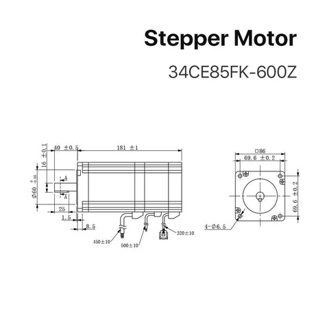 NEMA 34 stepper motor blueprint, model 34CE85FK-600Z, side and front views with mounting hole dimensions