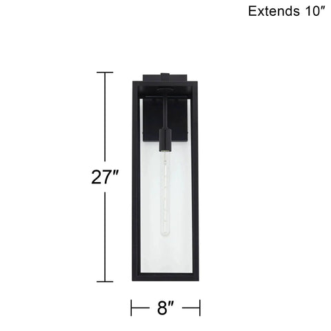 Front view of Modern Industrial Outdoor Wall Light Fixture in Mystic Black with 27 inch clear glass panels, extends 10 inches.