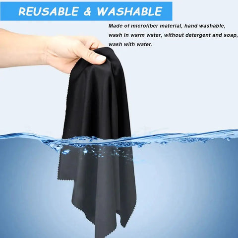 Person holding microfiber cleaning cloth, displaying its reusable and washable features, part of 20 pack for glasses and screens.