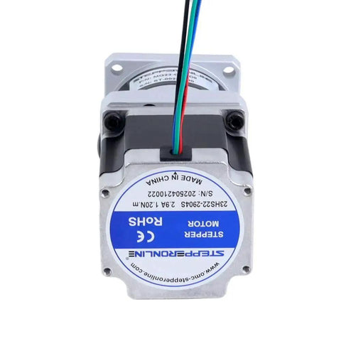 Top view of Nema 23 Stepper Motor Bipolar With 10 To 1 Planetary Gearbox MG Series, showing label and wire connectors.