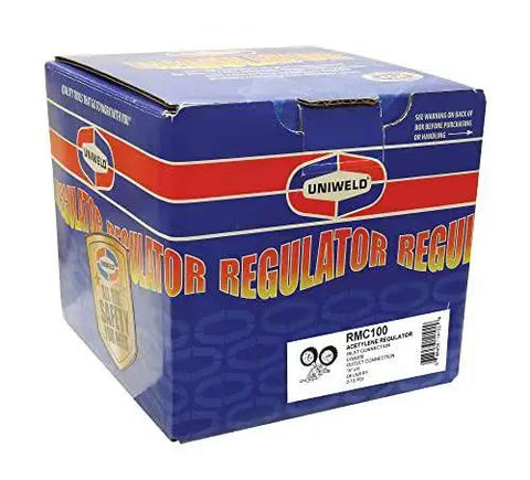 Centurion Series Acetylene Regulator packaging, RMC100, 200 CGA inlet, shown in box with product details for gas welding applications.