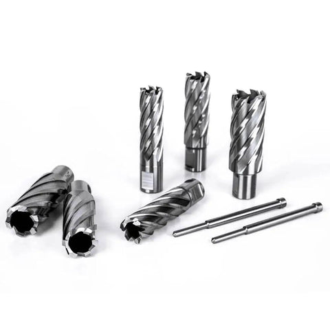 Heavy Duty Annular Cutter Set For Magnetic Drill Press With Two Inch Cutting Depth And Diameters From Seven Sixteenth To One And One Sixteenth Inches, Three Quarter Inch Weldon Shank, Includes Two Pilot Pins Oscarbide Thirteen Piece Kit