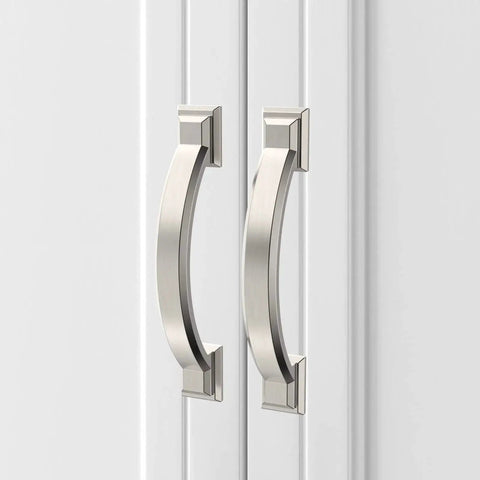 Two 3 inch brushed satin nickel cabinet handles installed on white kitchen cabinets, part of 10 Pack 3 Inch Brushed Satin Nickel Cabinet Handles And Pulls.