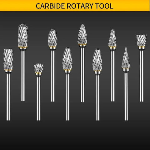 Carbide Burr Set for Rotary Tools with Ten Pieces and One Eighth Inch Shank, Double Cut Pro Grade Rasp Bits For Metal Engraving