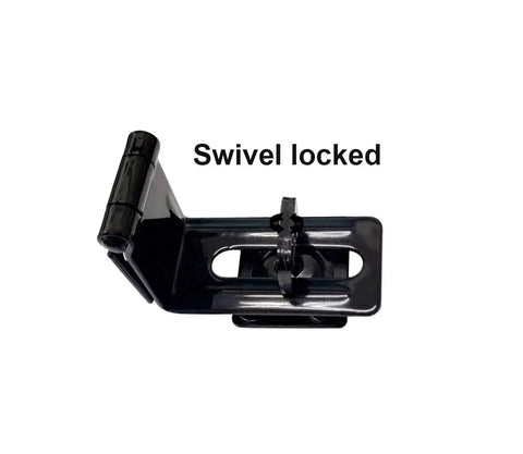 90 Degree Hasp And Swivel Staple For Sliding Doors Steel Black 4-1/2 Inch in locked position