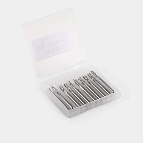 Set Of Ten Pro Grade CNC Router Bits One Eighth Inch Shank One Sixteenth Inch Cutting Diameter Flat Nose Carbide End Mills Two Flute Spiral Upcut For Wood PVC MDF Hardwood Engraving Milling And Slotting Projects in a clear plastic box